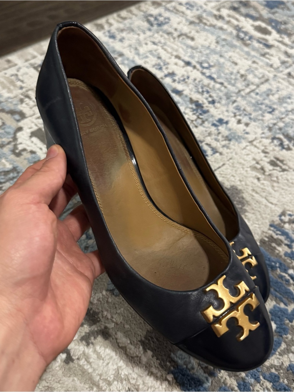 Tory Burch Black Leather Flats with Gold Logo Accent